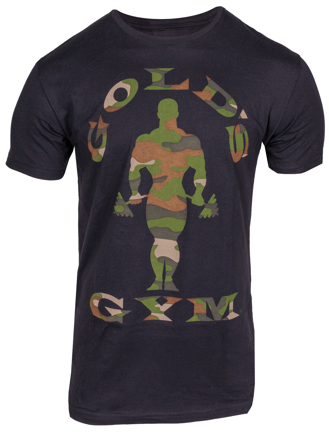 photo of camo jo tee in black. golds gym muscle joe logo and golds gym text in camo surrounding