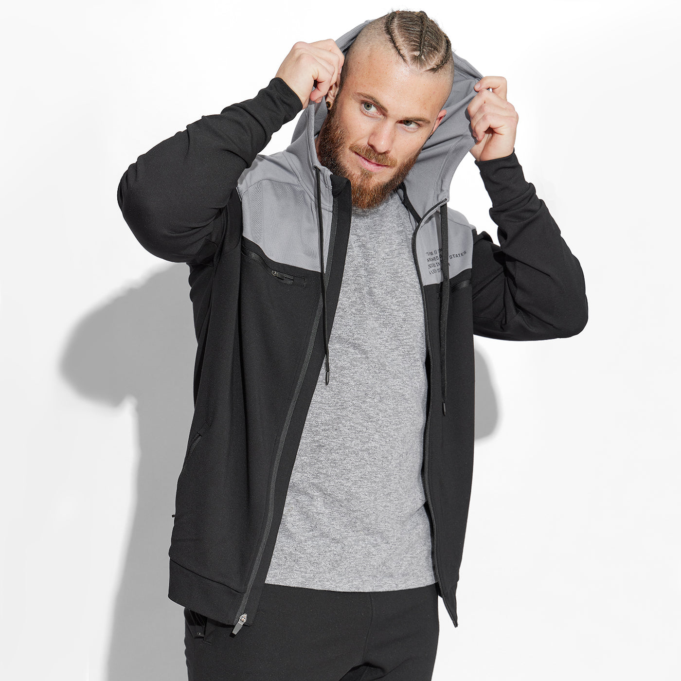 photo of male model wearing train full zip jacket in grey.
