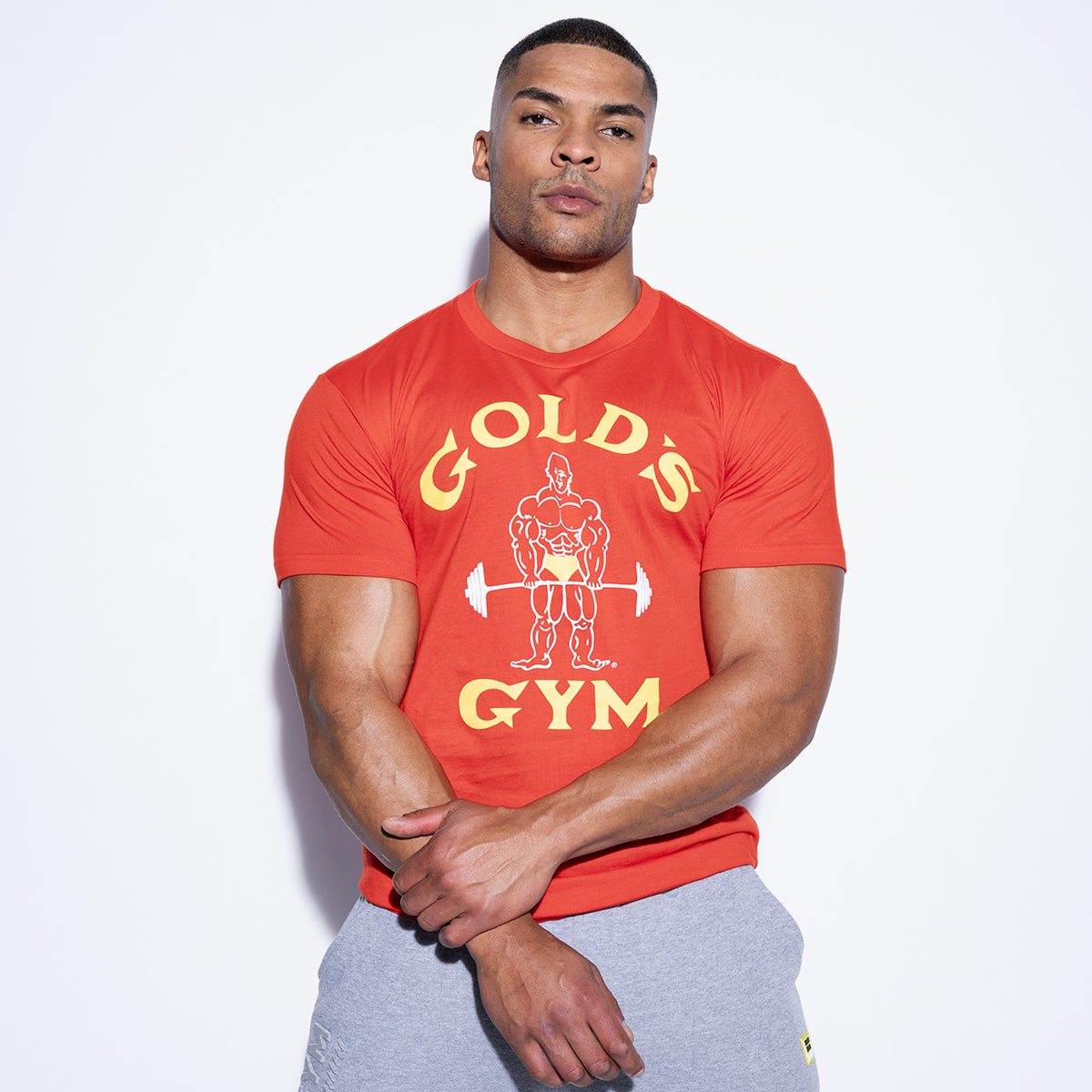 photo of male model wearing classic joe tee in grey. classic joe logo in white with gold gym in yelow surrounding.
