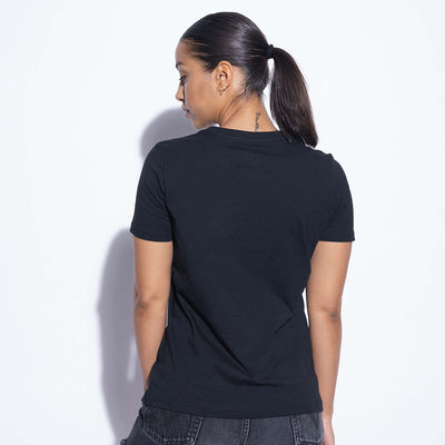 rear photo of female model wearing weight plate tee in black.